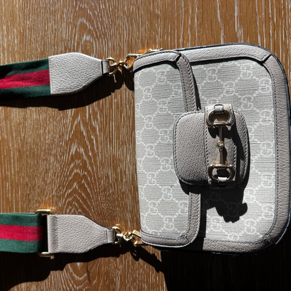 Gucci Light Gray Signature Canvas Crossbody with Green-Red Web Strap